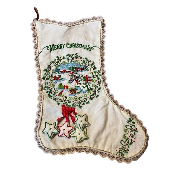 Christmas Stocking Handmade Embroidery Merry Lace Stars 3-d 14” VTG - Picture 1 of 5